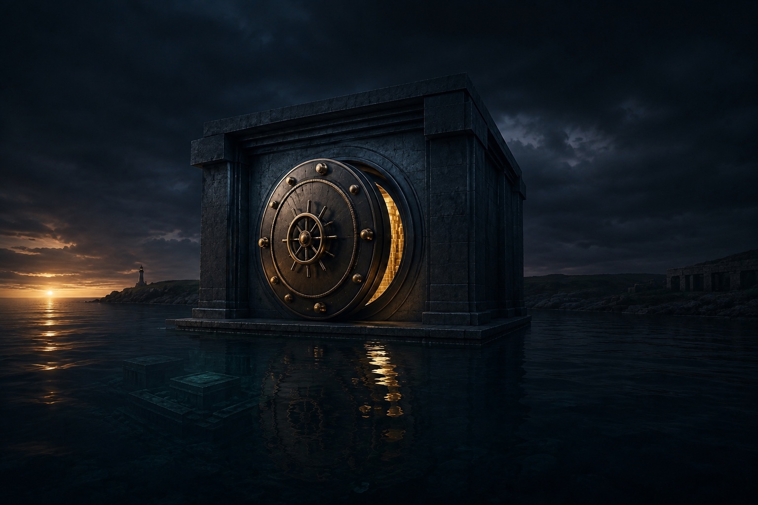 A monumental coin-like vault centered over a calm sea, with open coastline extending to the right