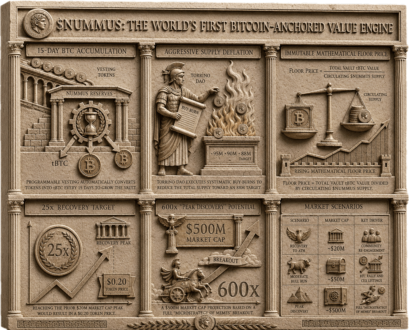 Nummus Engine cycle: locked supply, swap and accumulate, buy and burn, holder vault, public verification